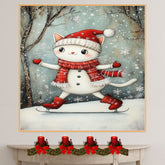 Christmas Wall Art Featuring White Cat in Snowman Outfit Ice Skating Adorable and Whimsical Holiday Print for Cat Lovers and Cozy Winter Home Décor on Ready to Hang 1.5" Thick Canvas Wrap, Floating Framed Canvas, Flat Rolled Canvas